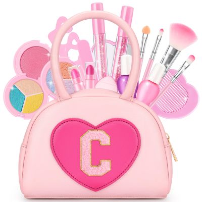 Kids Washable Makeup Kits for Little Girls - 18 Pcs Toddler Non Toxic Real Make Up Set with Lipstick - Valentines Day Gifts for 3 4 5 6 7 8 9 10 Years Old Pink Initial Heart Purse Birthday Toys - C