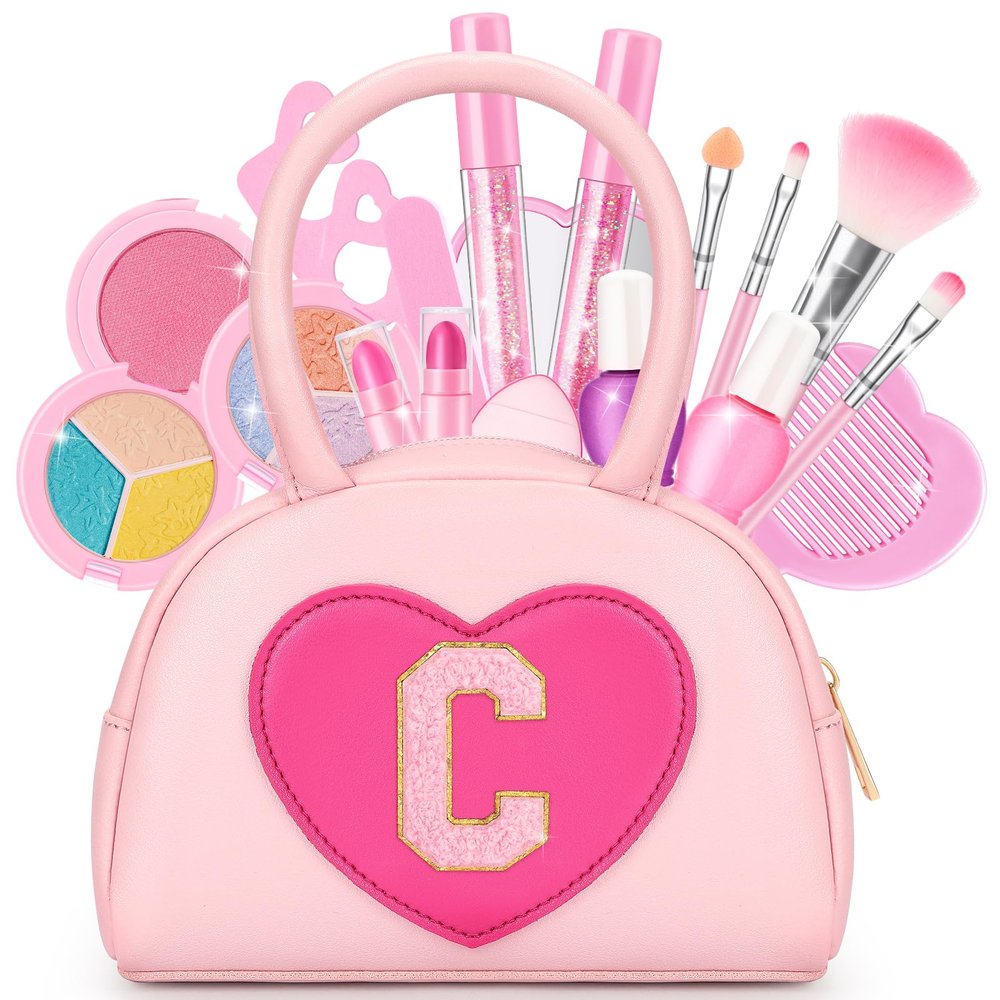 Kids Washable Makeup Kits for Little Girls - 18 Pcs Toddler Non Toxic Real Make Up Set with Lipstick - Valentines Day Gifts for 3 4 5 6 7 8 9 10 Years Old Pink Initial Heart Purse Birthday Toys - C