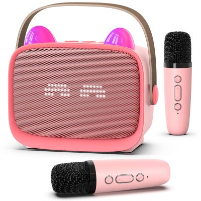 Mgaolo Upgraded Mini Karaoke Machine Toy for Kids, Portable Bluetooth Speaker with 2 Wireless Mics, Emoji & Colorful LED Lights, Home Travel & Party Play Gifts for Boys Girls (Pink)