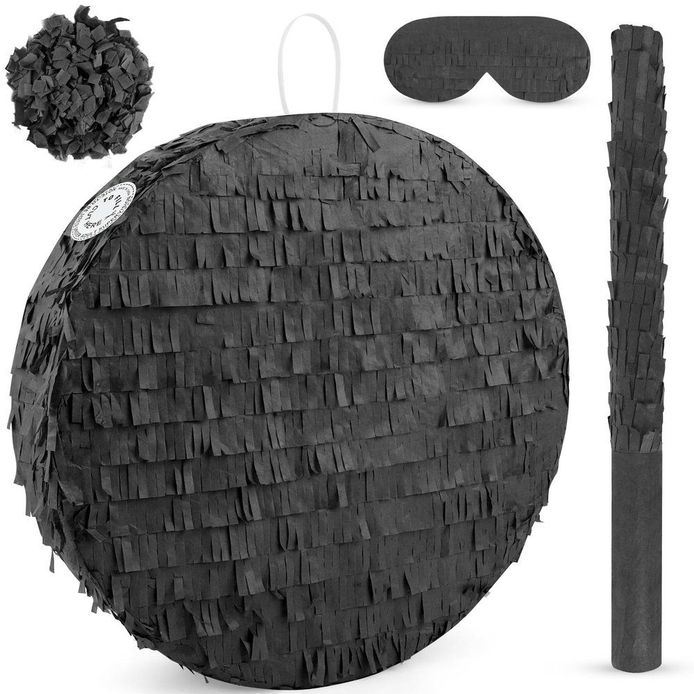 Abilat Black Round Pinata with Stick Blindfold and Confetti DIY Blank Pinata for Adults Kids Birthday Party Supplies Christmas Carnivals Decorations