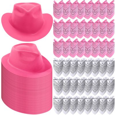 Hillban 96 Pcs Cowboy Hat and Bandana Set Include 48 Cowboy Hats 48 Bandana Bulk for Fancy Dress Party Cosplay Costume (Pink)