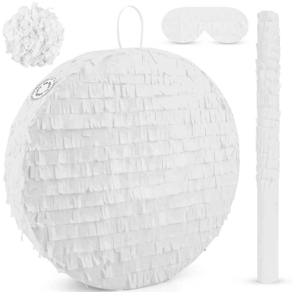 Abilat White Round Pinata with Stick Blindfold and Confetti DIY Blank Pinata for Adults Kids Birthday Party Supplies Carnivals Thanksgiving Decorations