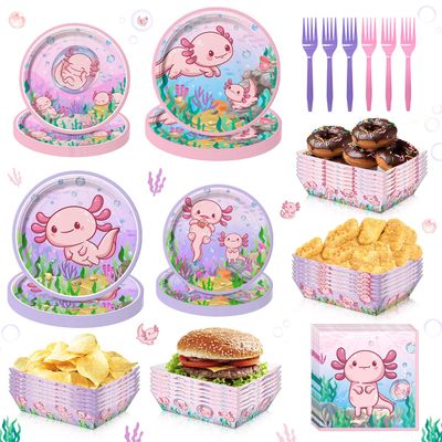 100PCS Pink Cartoon Axolotl Birthday Party Decorations, Axolotl Party Supplies Plates and Napkins Set, Axolotl Theme Paper Food Trays Large Food Serving Boats Disposable Snack Nacho Trays Baby Shower