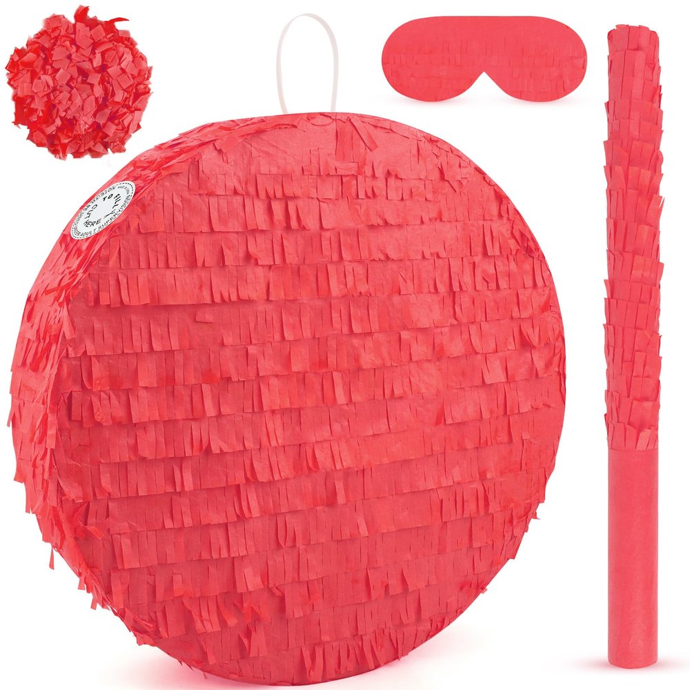 Abilat Red Round Pinata with Stick Blindfold and Confetti DIY Blank Pinata for Adults Kids Birthday Party Supplies Carnivals Thanksgiving Christmas Decorations