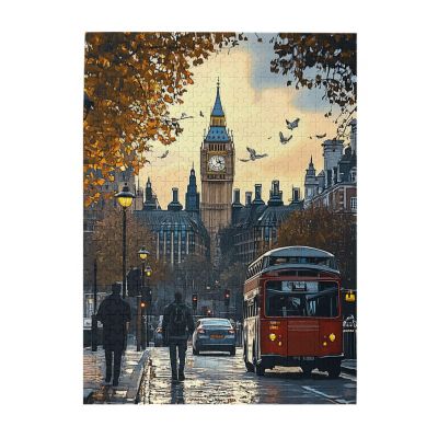 BEAROWL Iconic London Big Ben at Sunset, Red Double - Decker Bus & Autumn Leaves, Captivating Cityscape500 Piece Adults Wooden Jigsaw PuzzleHands-On Assembly of Your Home Dcor Wall Art
