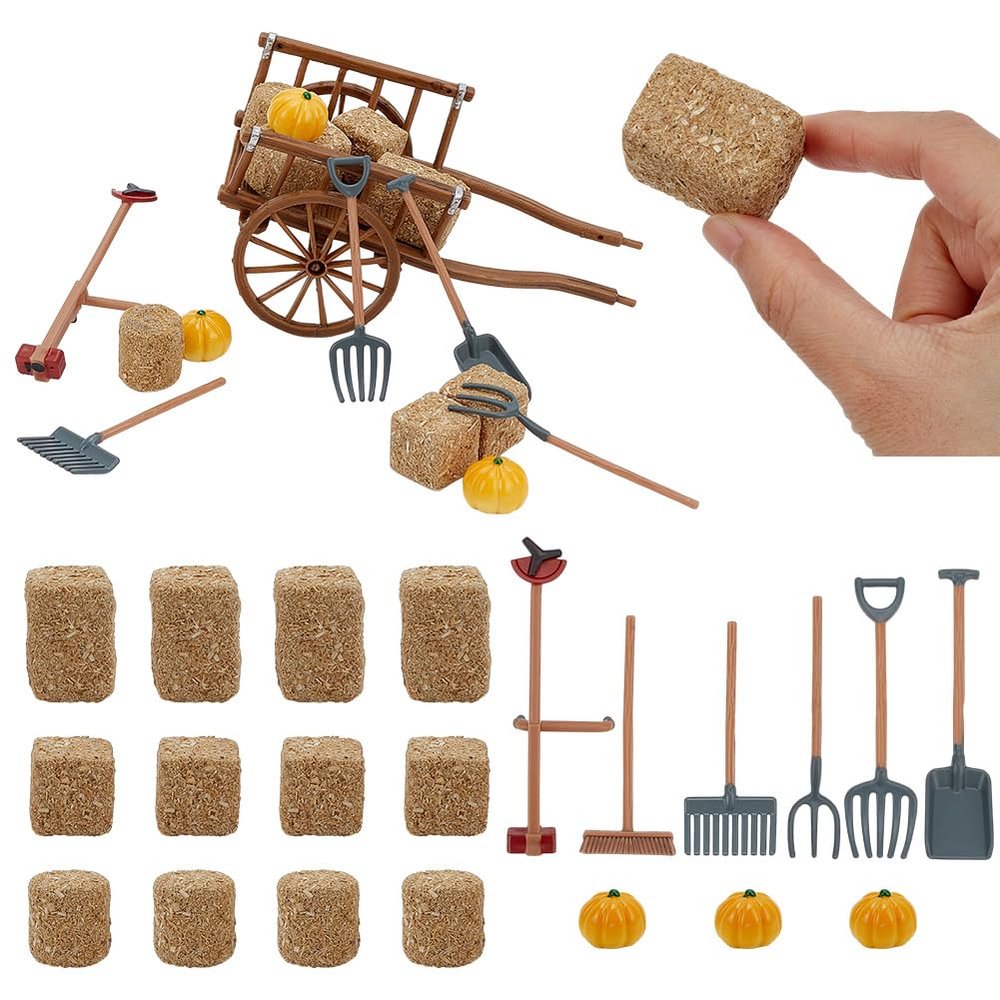 FREEBLOSS Mini Hay Bales Set 12pcs Mini Decorative Hay Bales 4pcs Pumpkins Miniature Farming Cart Western Party Decoration for Table Autumn Party