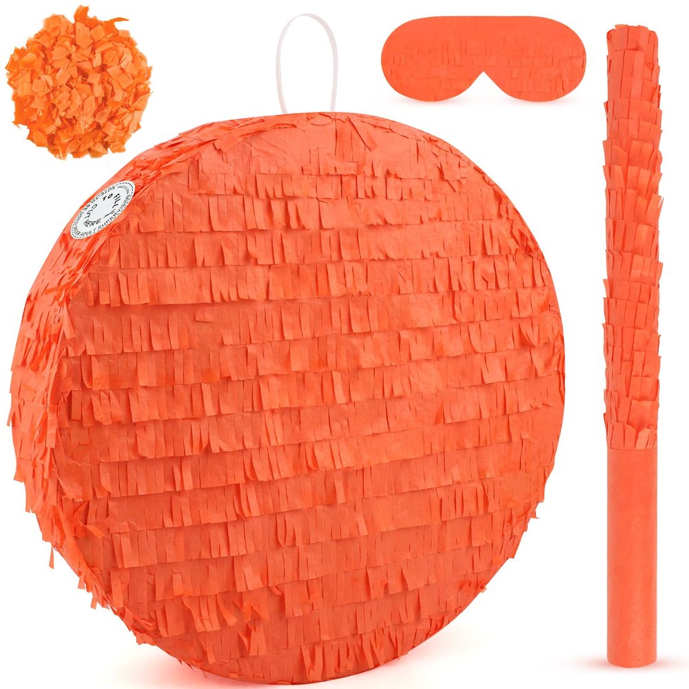 Abilat Orange Round Pinata with Stick Blindfold and Confetti DIY Blank Pinata for Adults Kids Birthday Party Supplies Carnivals Thanksgiving Decorations