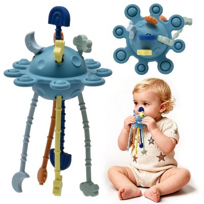 Little Rawr Silicone Baby Sensory Montessori Toys & Pull String Toys for 18 M+, Toddler Birthday Gift Car Seat Airplane Travel for 1 2 Year Old Boy Girl Infant 18 Months Old (Blue)