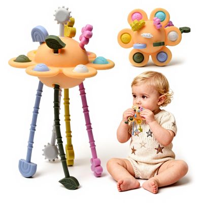 Little Rawr Silicone Baby Sensory Montessori Toys & Pull String Toys for 18 M+, Toddler Birthday Gift Car Seat Airplane Travel Toy for 1 2 Year Old Boy Girl Infant 18 Months Old (Orange)