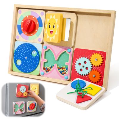 Ancaixin 6-in-1 Montessori Busy Board for 1 Year Old, Magnetic Sensory Toys for Toddler, Wooden Activity Busy Board for 12+ Months Baby, Fine Motor Skills Toys for Boys & Girls, Birthday Gifts 1 2 3