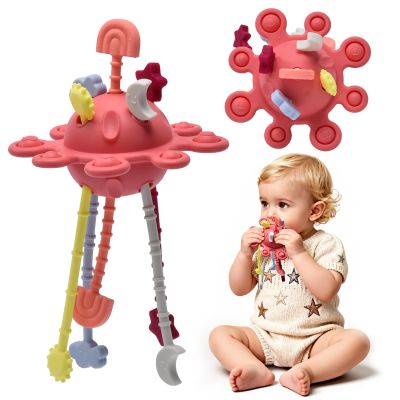 Little Rawr Silicone Baby Sensory Montessori Toys & Pull String Teething Toys for 18 M+, Toddler Birthday Gift Car Seat Airplane Travel Toy for 1 2 Year Old Boy Girl Infant 18+ Months Old (Red)