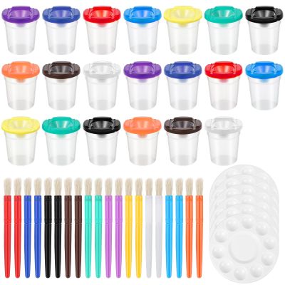 46Pcs Paint Cups with Lids for Kids Painting Set with 20 Paintbrushes & 6 Palettes, 20 No Spill Paint Cups Kids Painting Tools Bristle Brushes for Watercolor, Tempera, Washable, Acrylic, Crafts