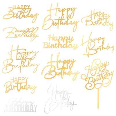 12PCS Gold Happy Birthday Cake Topper, Side Mirror Happy Birthday Acrylic Cake Topper with Gold and Silver Accents for Cupcake and Party Supplies