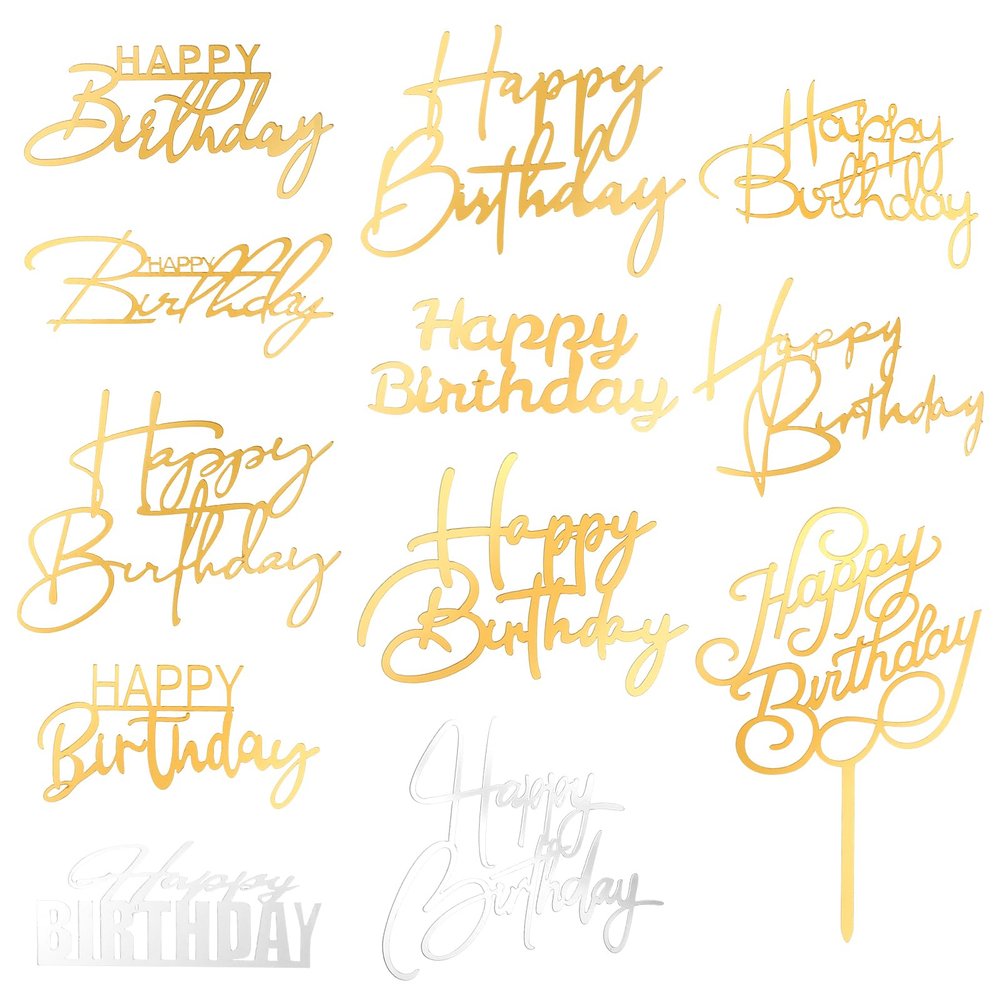 12PCS Gold Happy Birthday Cake Topper, Side Mirror Happy Birthday Acrylic Cake Topper with Gold and Silver Accents for Cupcake and Party Supplies