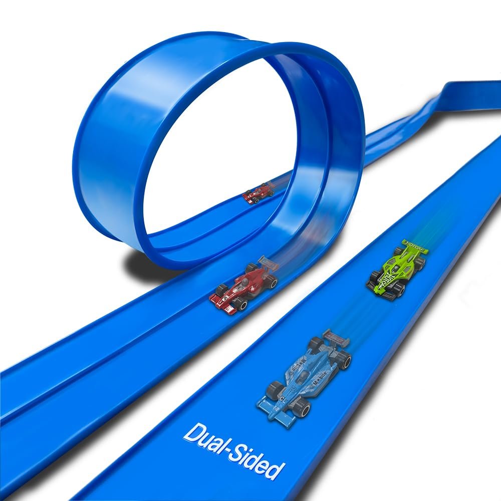 15 Ft Flexible Race Track for Kids, Dual-Sided Car Tracks with 2 Lanes for Racing & 1 Wide Lane for Big Cars, Compatible with 1:64 Scale Model Cars, 4 Toy Cars Included, Easy Roll Up for Storage