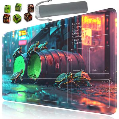 for MTG Playmat with Zone, 24 x 14 inches for TCG Mat with Storage Bag and 6 Dice, Card Game Mat with Stitched Edges, for Commander Board Game Pad Desk Pad, Turtle in The Sewer Pattern