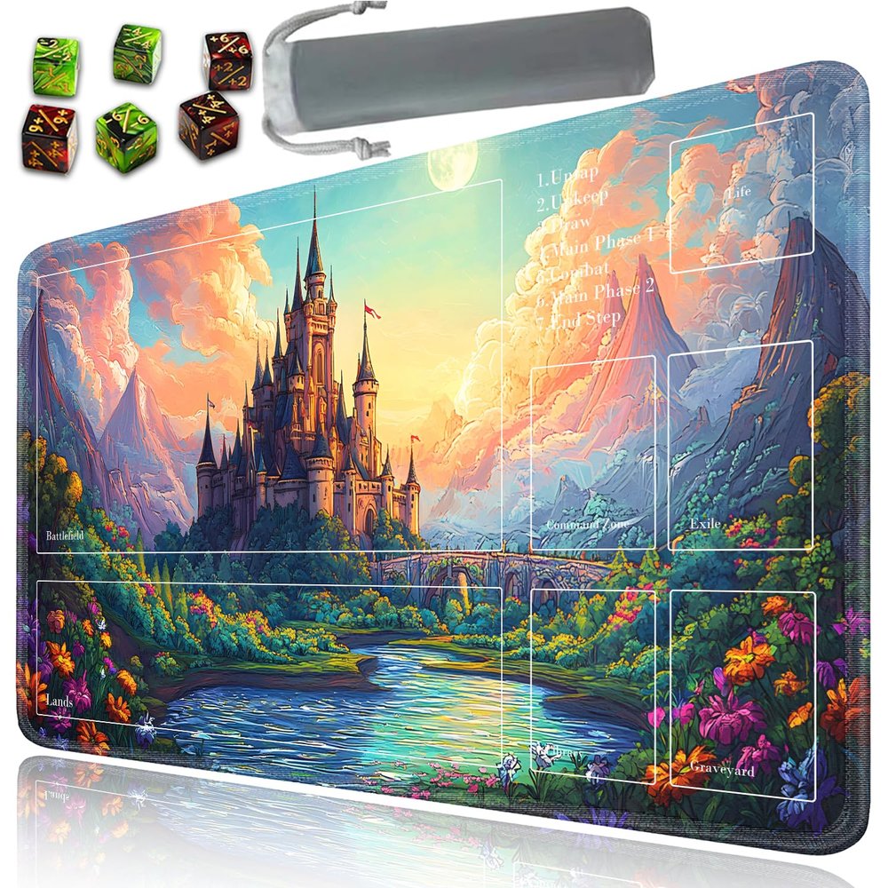 for MTG Playmat with Zone, 24 x 14 inches for TCG Mat with Storage Bag and 6 Dice, Card Game Mat with Stitched Edges, for Commander Board Game Pad Desk Pad, Castle at Sunset Pattern