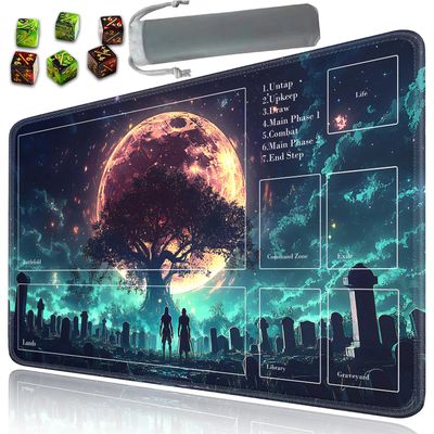 for MTG Playmat with Zone, 24 x 14 inches for TCG Mat with Storage Bag and 6 Dice, Card Game Mat with Stitched Edges, for Commander Board Game Pad Desk Pad, Tree of Life in The Tombstone Pattern