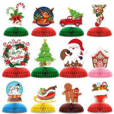 12 Pcs Christmas Party Decorations, Christmas Happy Birthday Decorations, Santa Claus Christmas Tree Table Honeycomb Centerpieces Decor Table for Party Supplies for Women Men Baby Shower Boys Girls