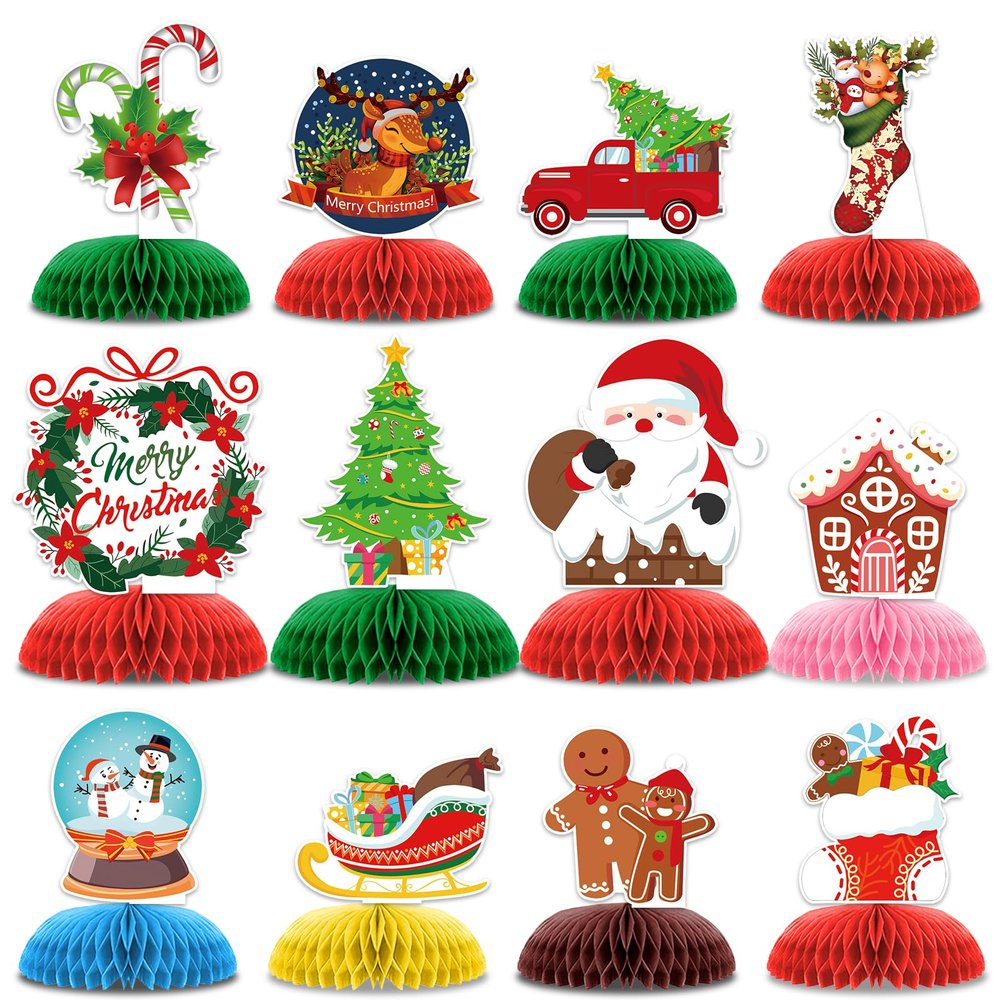 12 Pcs Christmas Party Decorations, Christmas Happy Birthday Decorations, Santa Claus Christmas Tree Table Honeycomb Centerpieces Decor Table for Party Supplies for Women Men Baby Shower Boys Girls
