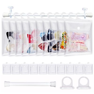 10 Pack Clear Doll Clothes Storage Bags with Hanging Rod & Hooks, Compatible with Labubu Clothes - PVC Transparent Organizer Set for Dolls, Space-Saving Wardrobe System
