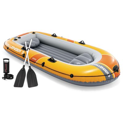 INTEX 66313EP Challenger 3 Inflatable Boat Set: Includes Deluxe 54in Aluminum Oars and High-Output Pump Triple Air Chambers Welded Oar Locks 3-Person 660lb Weight Capacity