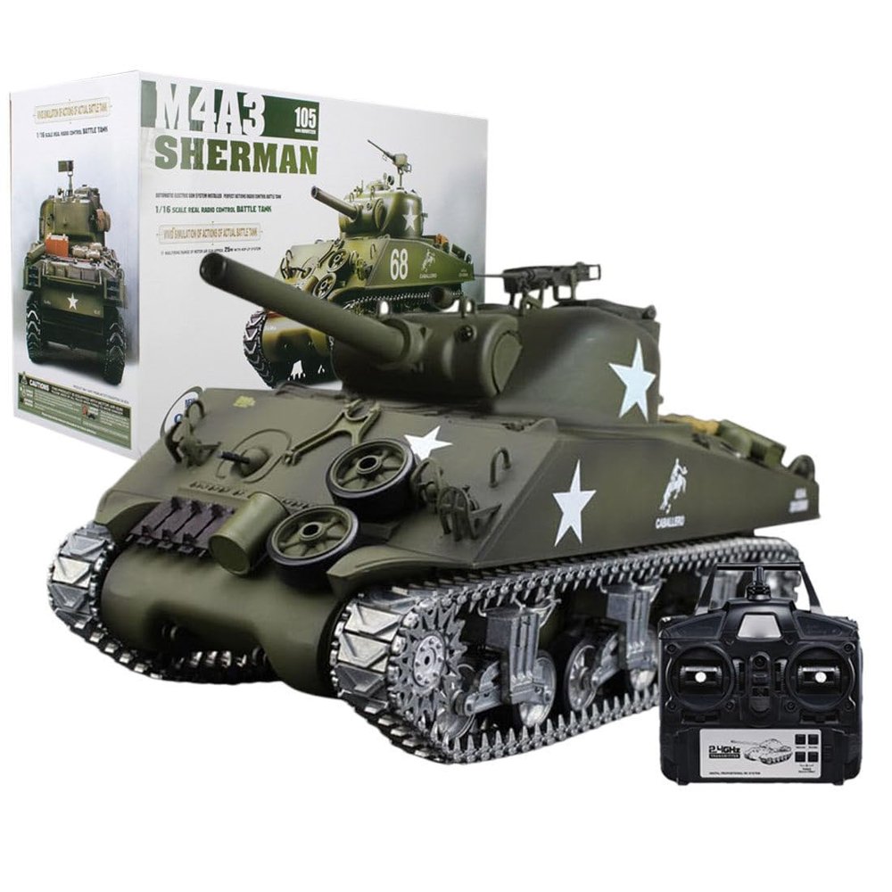 rcxperts 1:16 RC Tank, Sherman M4A3 US Army Tank, 2.4Ghz RTR RC Military Model That Shoots BBS and Water Bombs, Military Toys with Smoke, Lights, Sound, and Recoil for Adults - Pro Edition