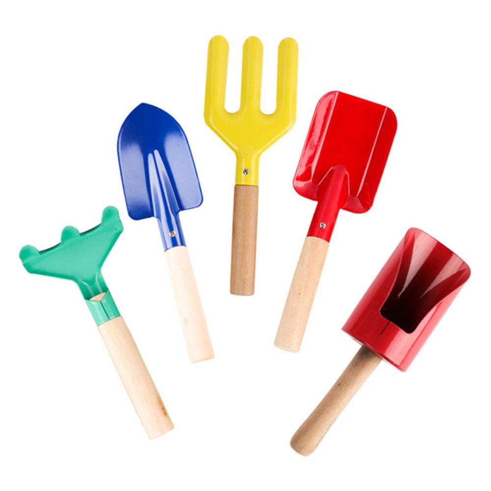 Hohopeti 5Pcs Gardening Tools Wooden Handle Shovel Rake and Fork for Gardening Fun and Planting Activities for Boys