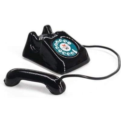 1/12 Scale Miniature Black Telephone Dollhouse Accessory, Vintage Office Desk Decoration