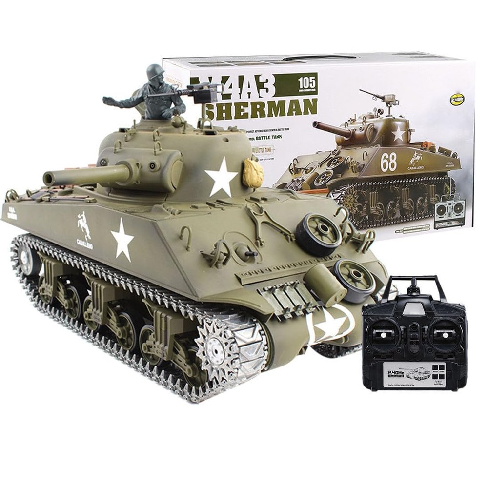 rcxperts 1:16 Sherman M4A3 US Army Tank, 2.4Ghz RTR RC Military Model That Shoots BBS and Water Bombs, Military Toys with Smoke, Lights, Sound, and Recoil for Adults - Metal Upgraded Edition