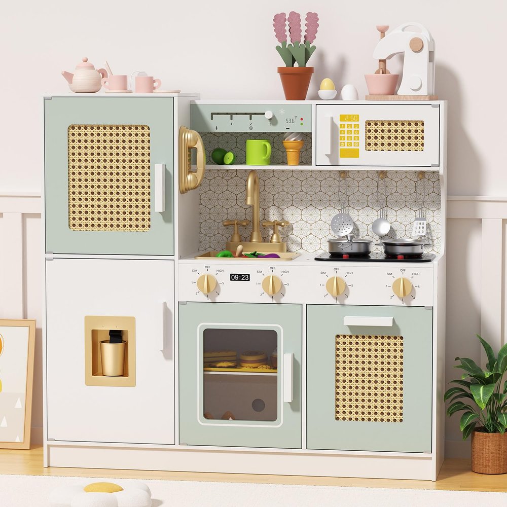 Babytronic Wooden Kitchen Playset for Kids, Pink Pretend Play Kitchen with Lights & Sounds, Retro Style Toy Kitchen for Toddlers Ages 3+, Wooden Play Kitchen Set with Realistic Design (Green)