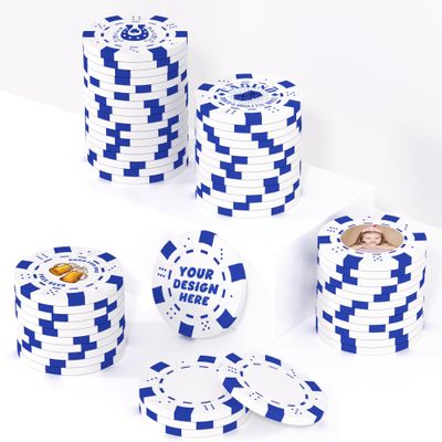 25 Custom Clay Poker Chips for 13 Colors, 40mm Heavy 11.5g Casino Sized Customized Poker Chips with Logo, Image or Text, Custom Drink Tokens for Bar, Party, Golf Club or Events (White Blue)