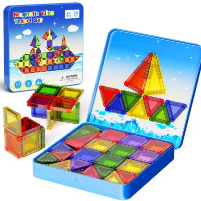 WMXDU 60PCS Mini Magnetic Tiles Travel Set with Metal Storage Box, Magnetic Blocks Kids Toy 3D Clear Magnetictiles Road Trip Essentials Montessori Preschool Classroom Must Haves Xmars Gift for Age 3+