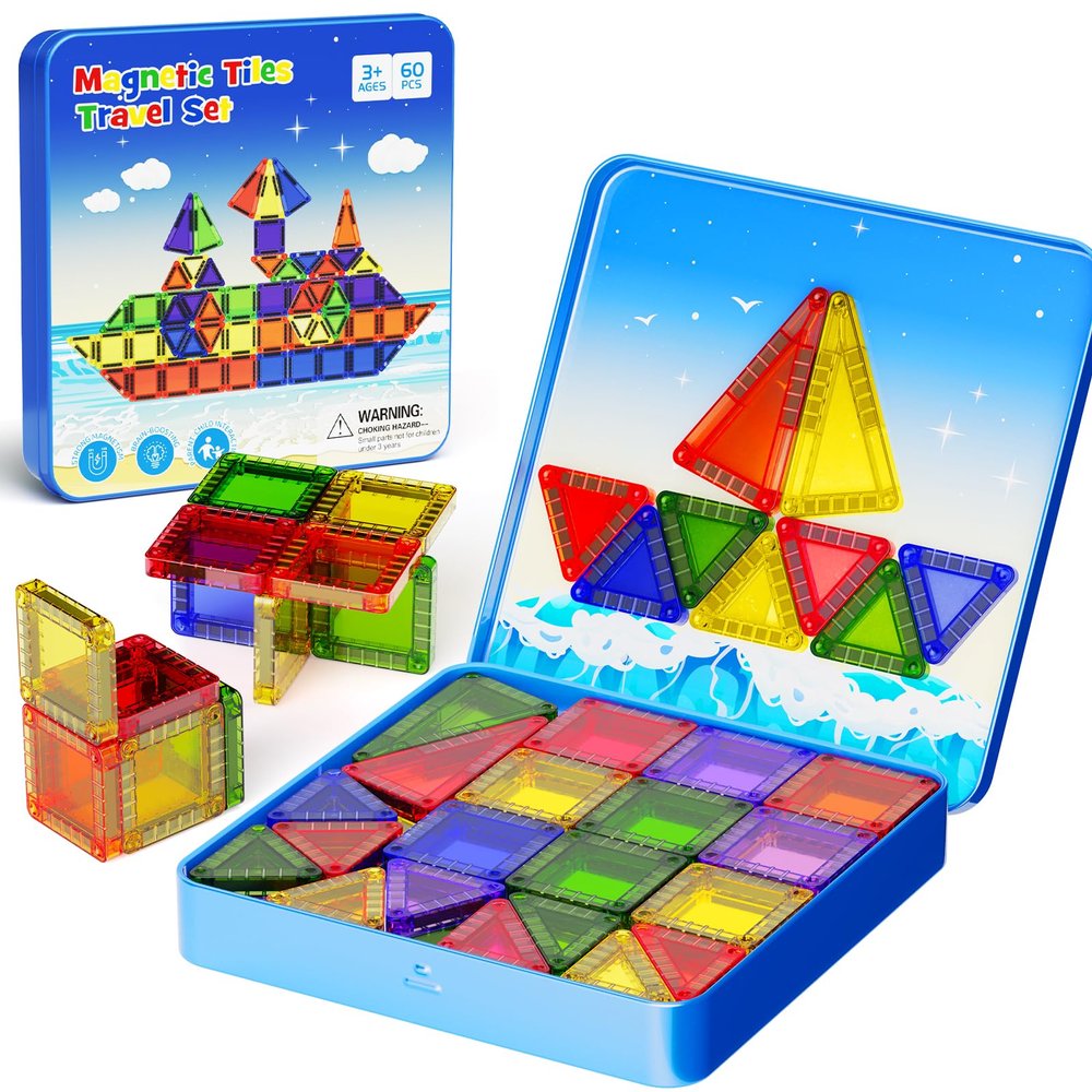 WMXDU 60PCS Mini Magnetic Tiles Travel Set with Metal Storage Box, Magnetic Blocks Kids Toy 3D Clear Magnetictiles Road Trip Essentials Montessori Preschool Classroom Must Haves Xmars Gift for Age 3+