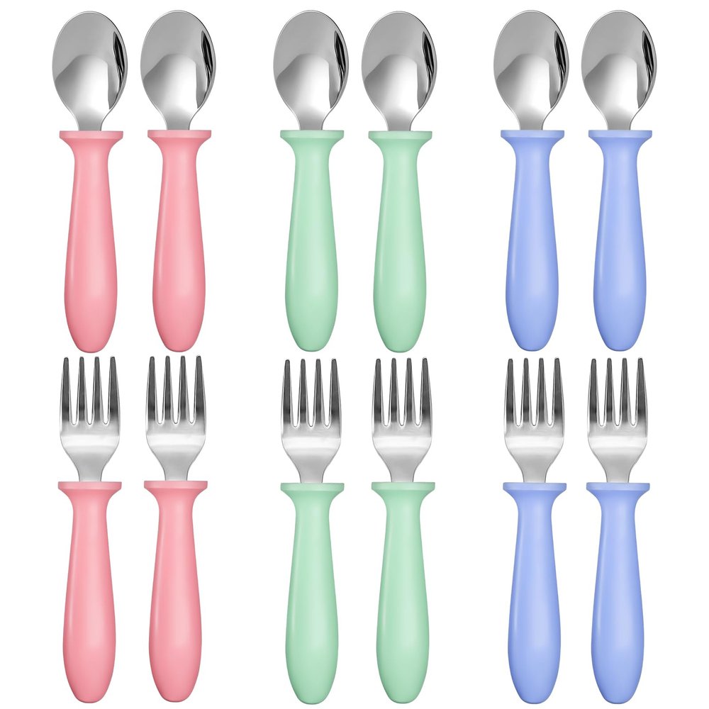 12 Pieces Toddler Utensils, Toddler Forks and Spoons, Kids Silverware Set with Plastic Handle Stainless Steel Silverware, Dishwasher Safe