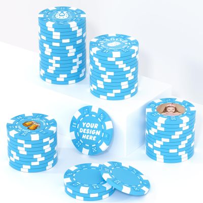 25 Custom Clay Poker Chips for 13 Colors, 40mm Heavy 11.5g Casino Sized Customized Poker Chips with Logo, Image or Text, Custom Drink Tokens for Bar, Party, Golf Club or Events (Light Blue)