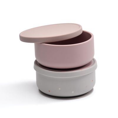 2-Pack Baby Bowls with Suction - Silicone Bowl with Lid, Non-Slip Suction Bowls for Baby, Feeding Bowl for Baby Led Weaning - Dishwasher Safe, Toddler Bowls for High Chair & Travel (Pink+Grey)