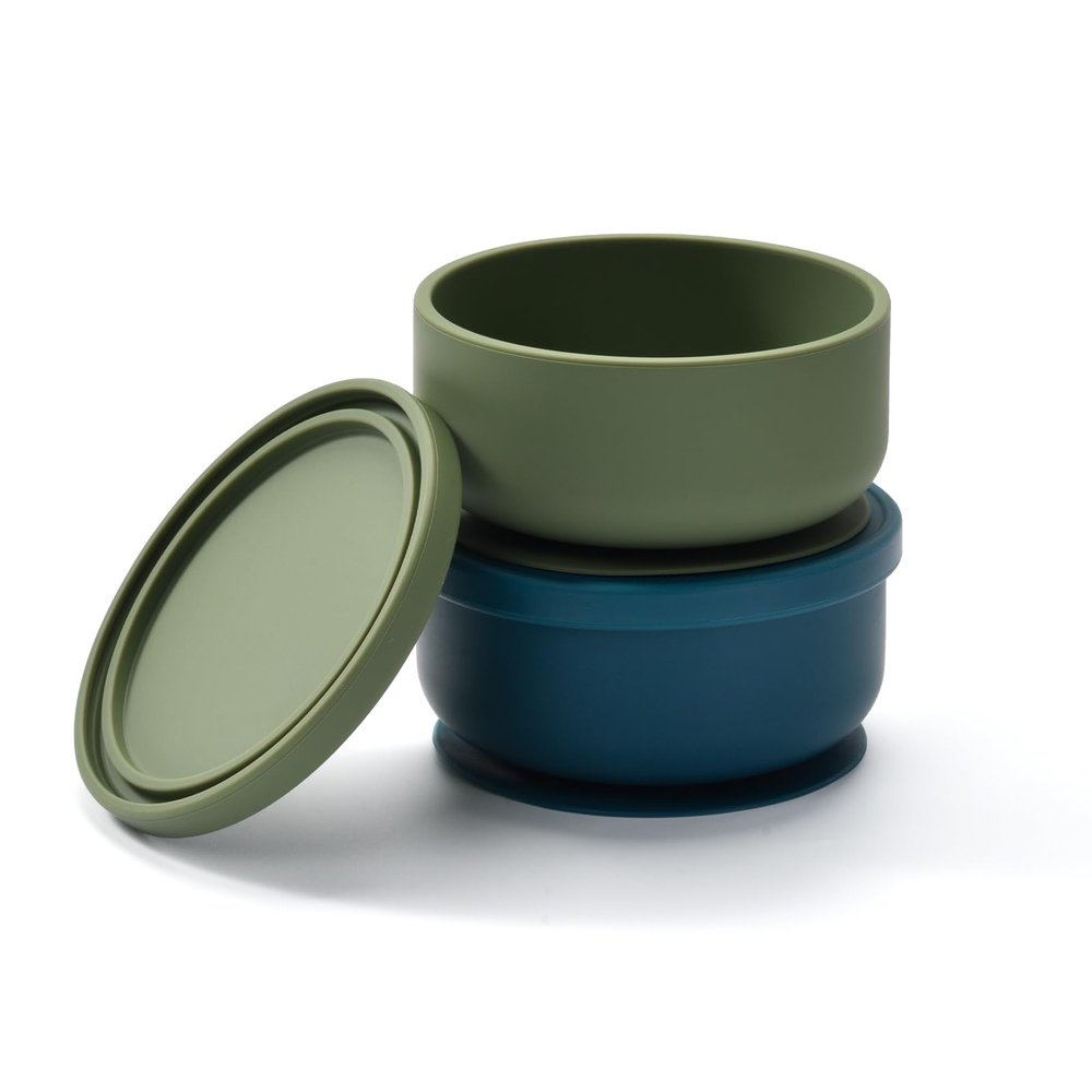 2-Pack Baby Bowls with Suction - Silicone Bowl with Lid, Non-Slip Suction Bowls for Baby, Feeding Bowl for Baby Led Weaning - Dishwasher Safe, Toddler Bowls for High Chair & Travel (Green+Dark Blue)