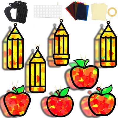 32 Sets Back to School Apple Pencil Suncatchers Craft Kit DIY Window Stained Glass Effect First Day of School Paper Craft Home Classroom Decoration Kid Birthday Gift Creative Art Project Activity Game