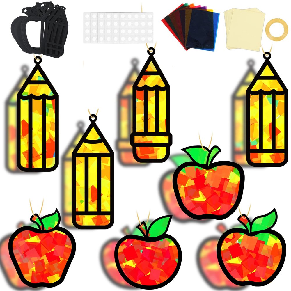 32 Sets Back to School Apple Pencil Suncatchers Craft Kit DIY Window Stained Glass Effect First Day of School Paper Craft Home Classroom Decoration Kid Birthday Gift Creative Art Project Activity Game