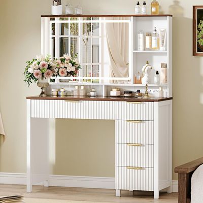 Arulvmrn 43" Large Vanity Desk with 30" HD Lighted Mirror,Modern Vanity Desk with Mirror and Lights, Makeup Vanity with 5 Drawers and Storage Shelves and Charging Station, White0352