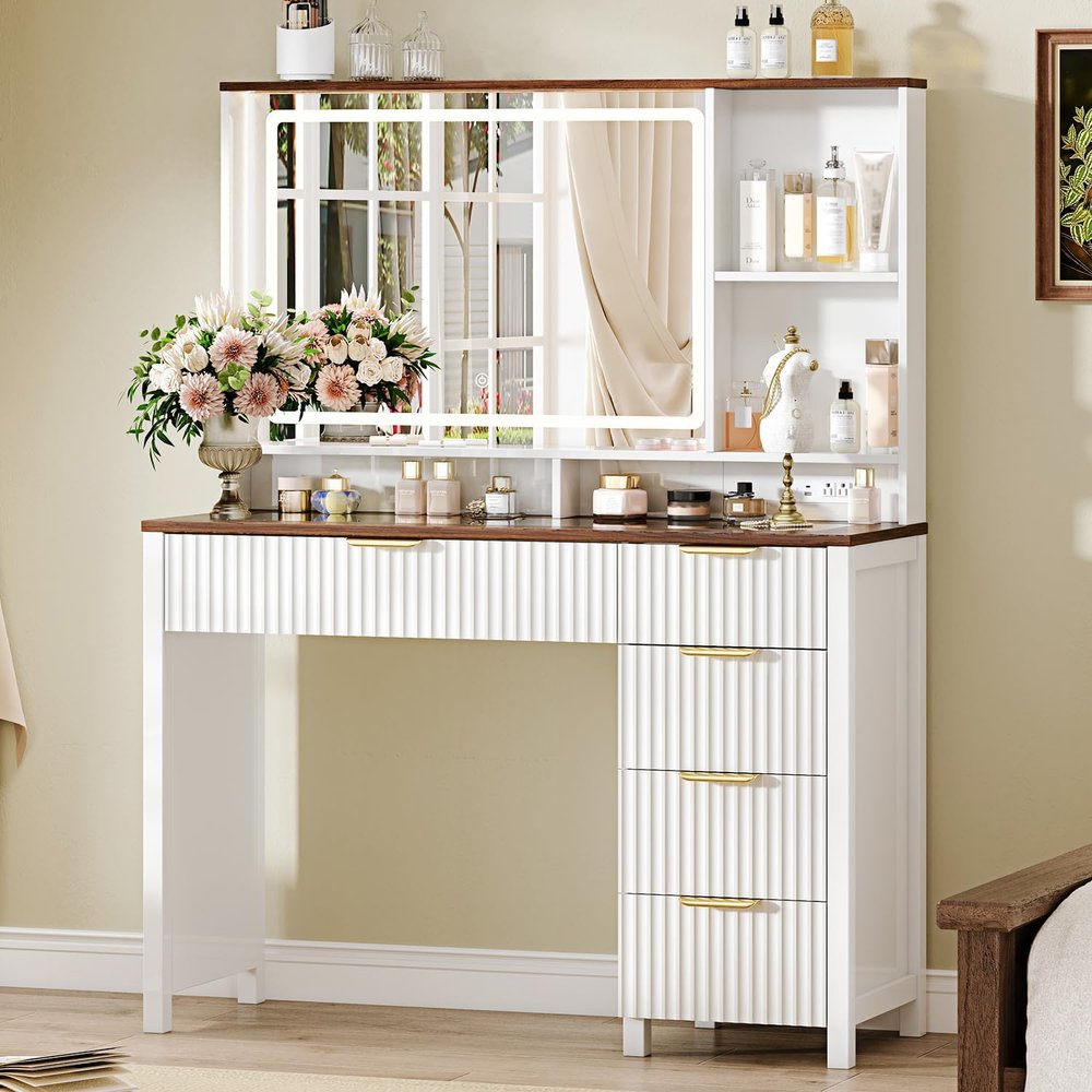 Arulvmrn 43" Large Vanity Desk with 30" HD Lighted Mirror,Modern Vanity Desk with Mirror and Lights, Makeup Vanity with 5 Drawers and Storage Shelves and Charging Station, White0352