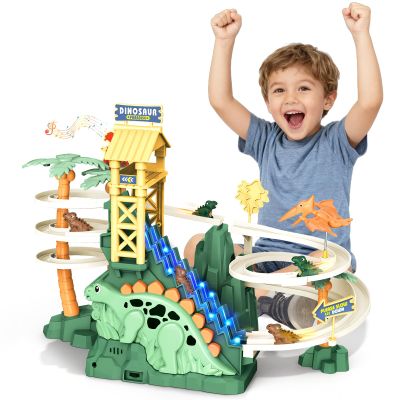 Dinosaur Race Track - Climbing Slide Stair Toy for 3 4 5 Year Old Boys Birthday Gift, Sliding Car Dinosaur Toy Track with Music and Light, Dino Game Boy Toys Age 4-7 (Green)