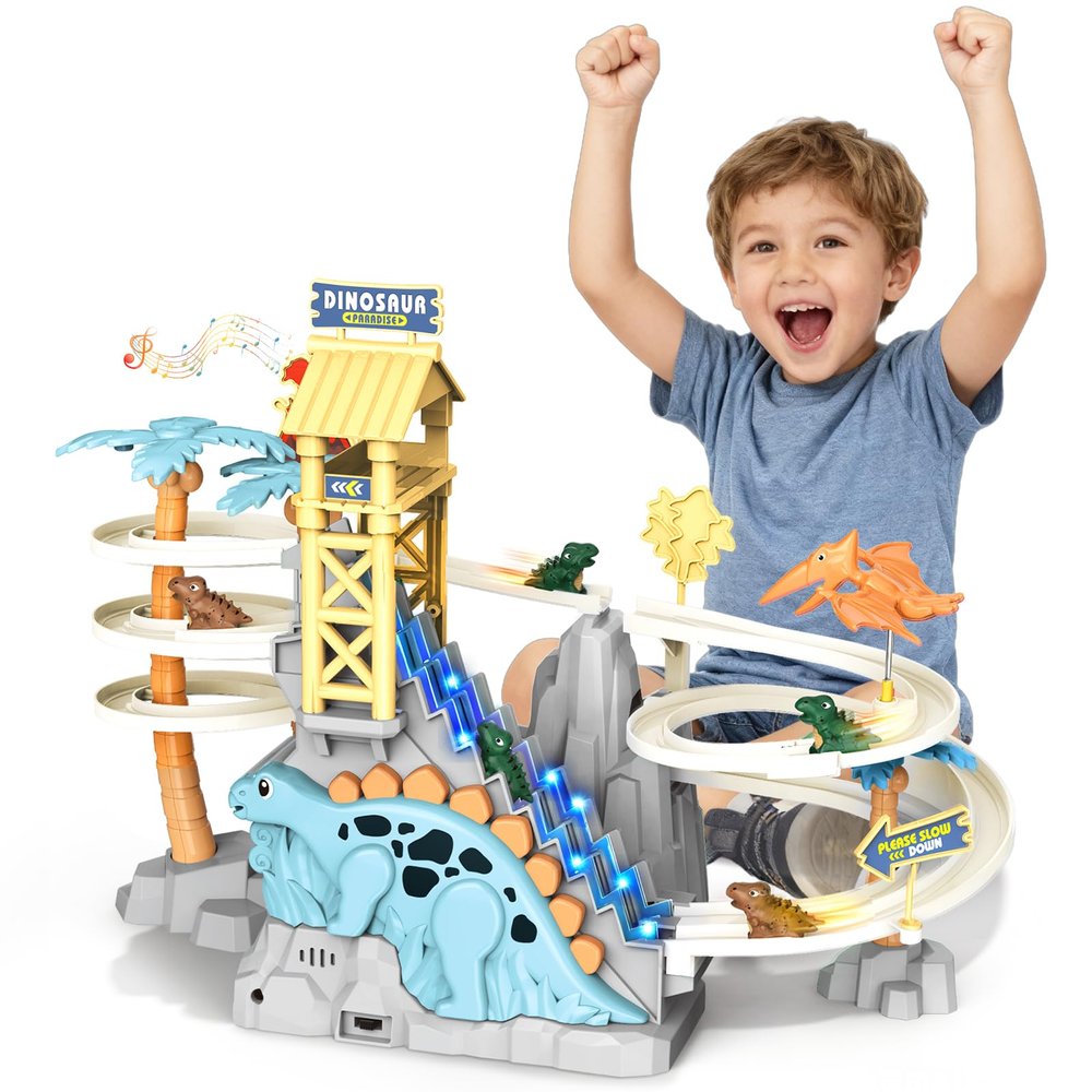 Dinosaur Climbing Stairs Toy - Dinosaur Race Track Toy for 3 4 5 Year Old Boys Birthday Gift, Dinosaur Track with Music and Light, Dino Slide Toys for Boy Age 4-7 (Blue)