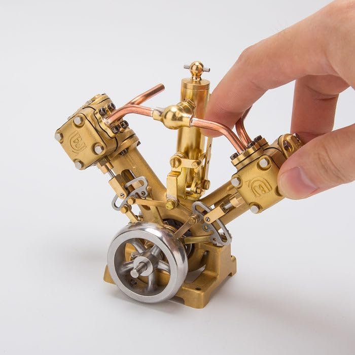 Domiuie 6CC Steam Engine Model That Works, RW-V2 Mini V-Shape Double Cylinder Metal Engine Model for 70-130cm Steamship (Forward & Reverse Rotation/Without Boiler)