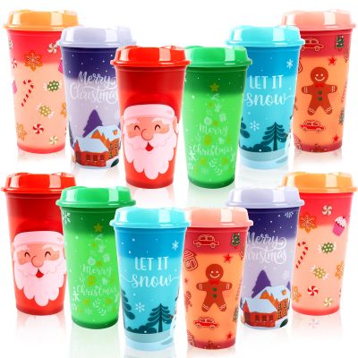 12pcs Christmas Color Changing Hot Cups with Lids, 16Oz Plastic Reusable Hot Coffee Cups for Adults Kids Winter Christmas Holiday Birthday Party Cups Tumblers