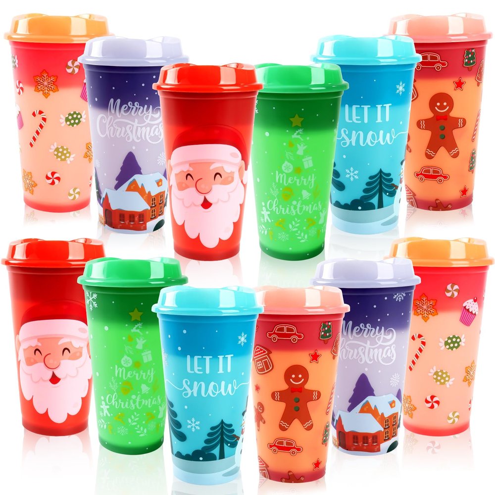 12pcs Christmas Color Changing Hot Cups with Lids, 16Oz Plastic Reusable Hot Coffee Cups for Adults Kids Winter Christmas Holiday Birthday Party Cups Tumblers