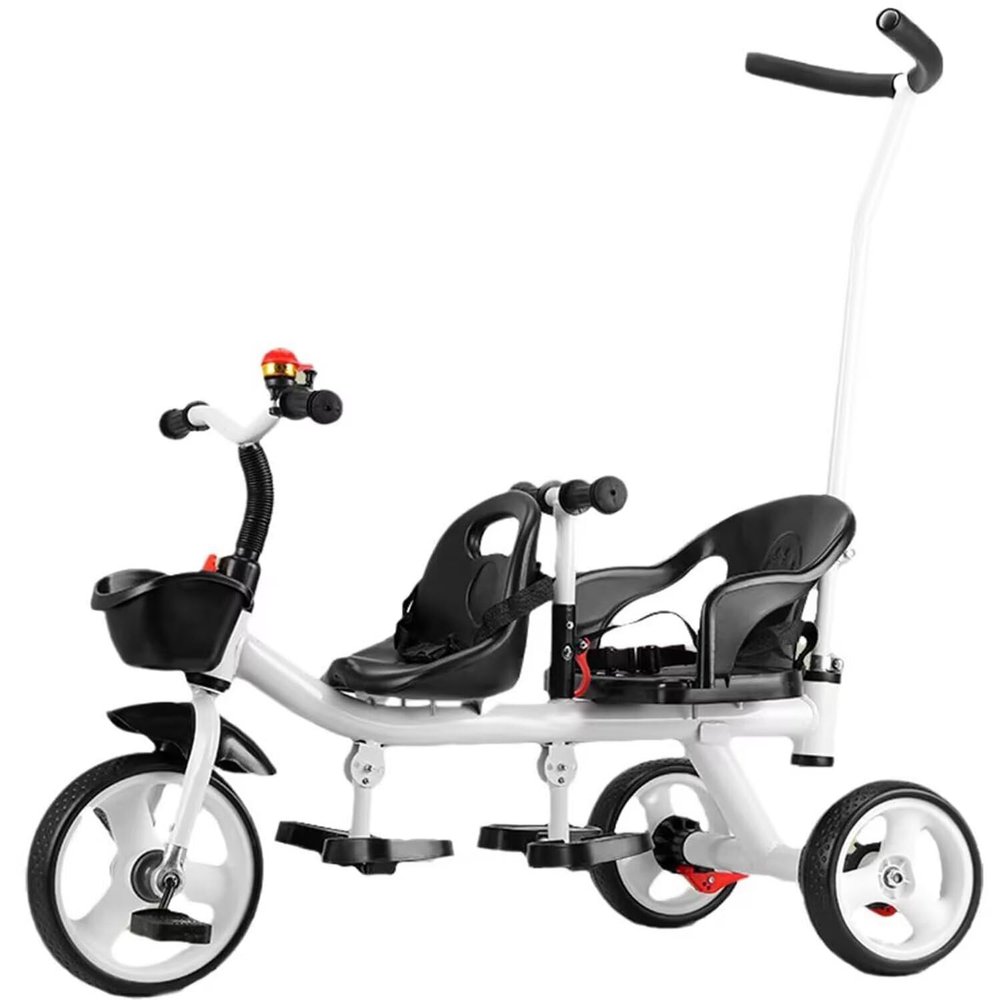 Dual seat Tandem Tricycle,Push Stroller with Push Rod,Parent Steering trikes,Rear seat with Belt and armrest,Foot Brakes on Rear Wheels,Trike with peadals