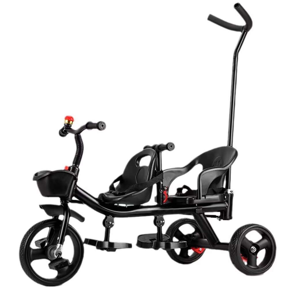 Dual seat Tandem Tricycle,Push Stroller with Push Rod,Parent Steering trikes,Rear seat with Belt and armrest,Foot Brakes on Rear Wheels,Trike with peadals