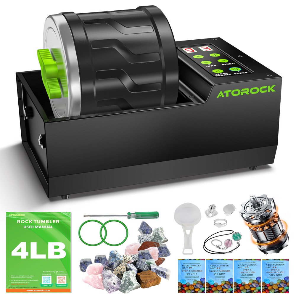 A1 Professional Rock Tumbler Kit, 4LB Extra-Large Barrel with Cutting-Edge Brushless Motor, Adjustable Speed & Timer, Durable Metal Base for Adults & Rock Collectors  Includes Full Accessories